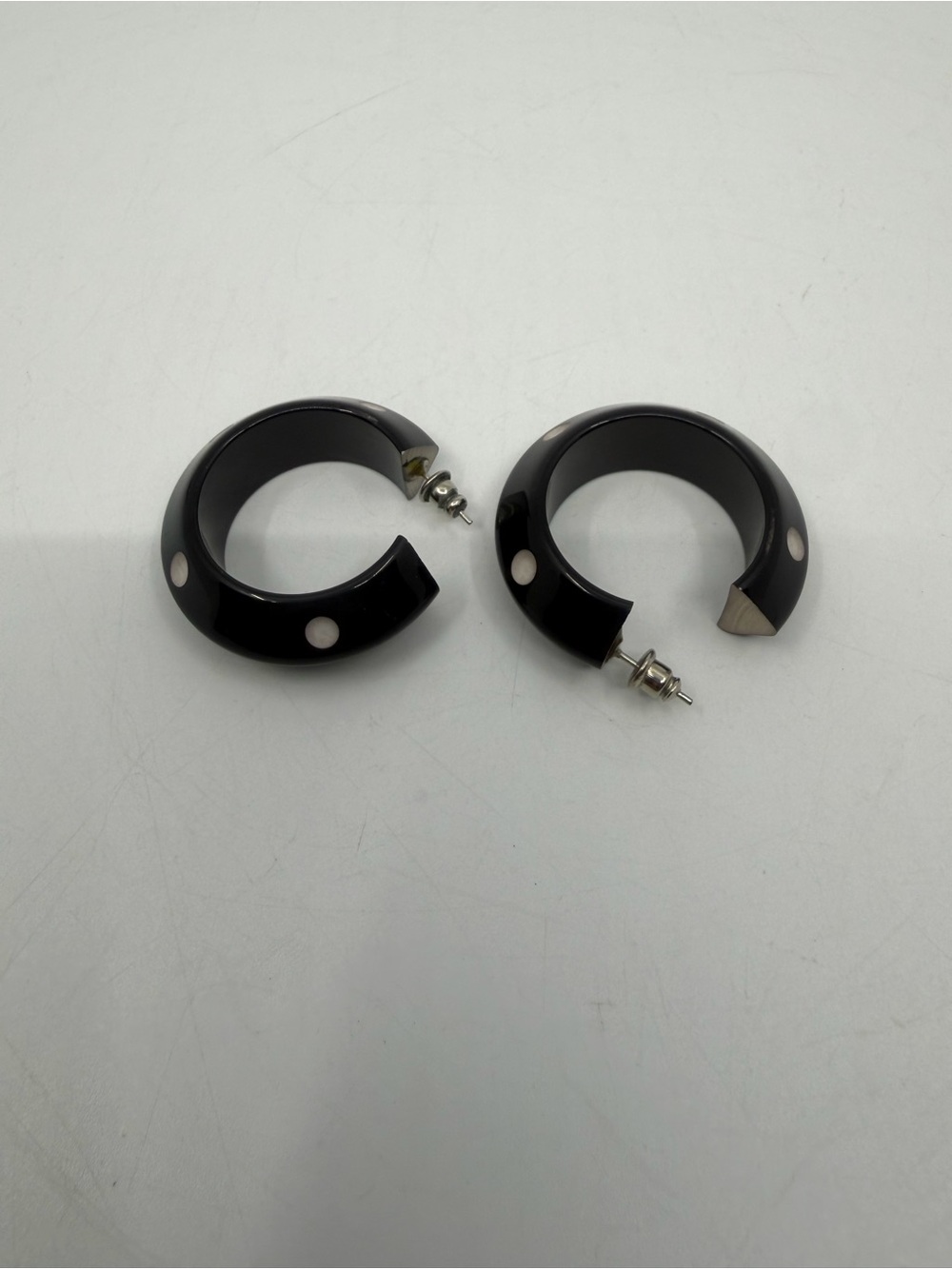 Vintage Black Hoop Stud Earrings with White Dot Accents